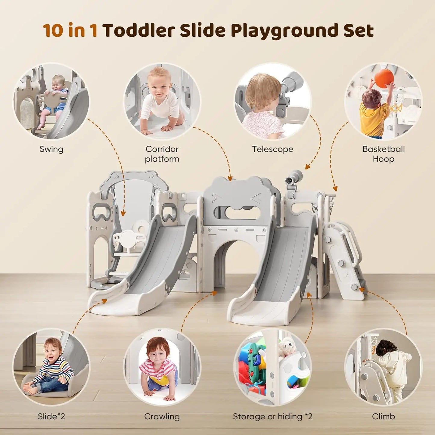 Toddler Swing and Slide Set, 10-in-1 Toddler Indoor Playground Outdoor Toys Set for Backyard, with Basketball Basket