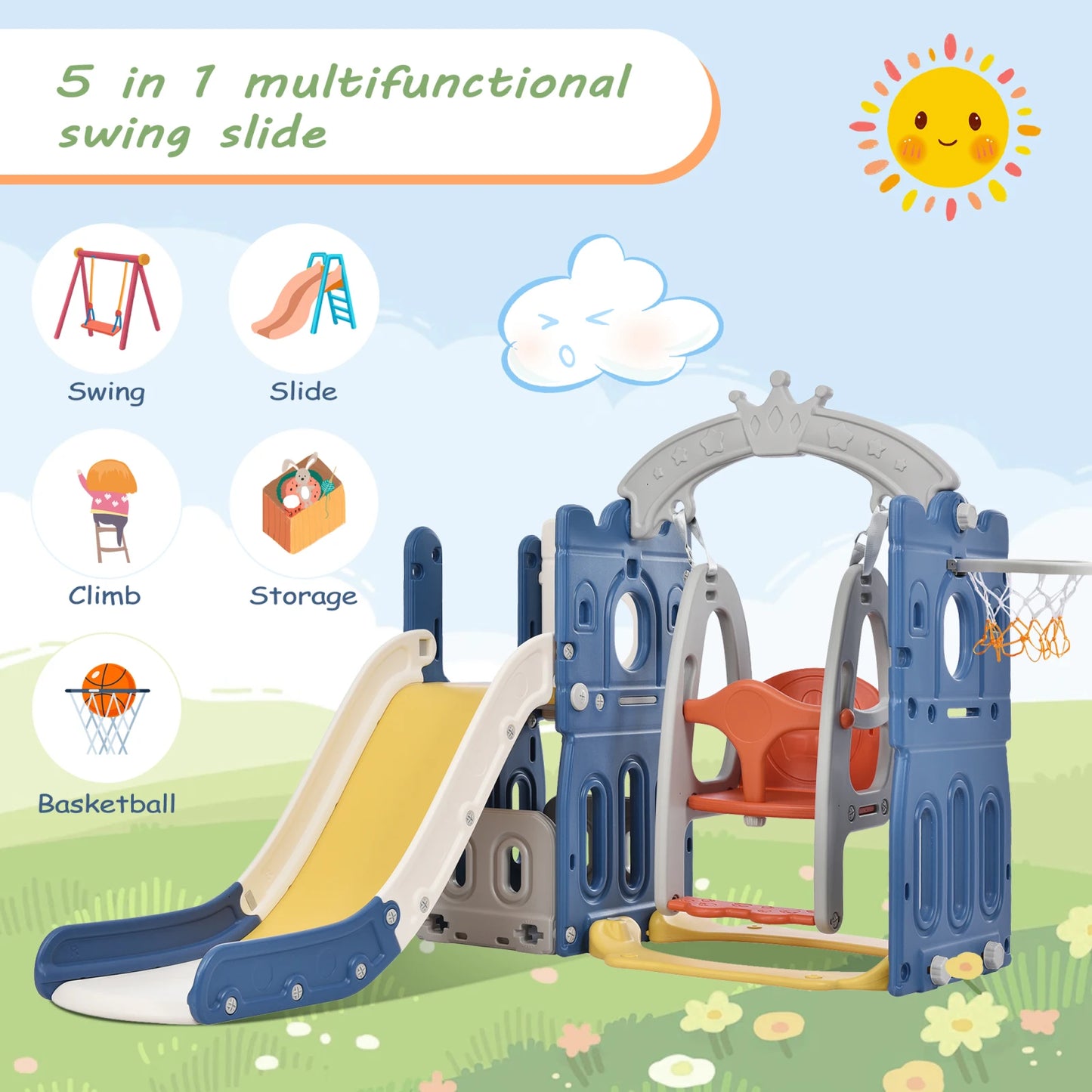 Slide for children, 4 in 1 children's slide swing with basketball stand, climbing ladder, swing slide for indoor and outdoor