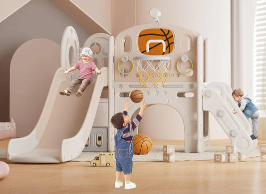 Toddler Slide Set, 8 in 1 Toddler Indoor Outdoor Playset with 63.6'' Long Slide, Climber, Basketball Hoop, Ball, Tunnel Crawl, T