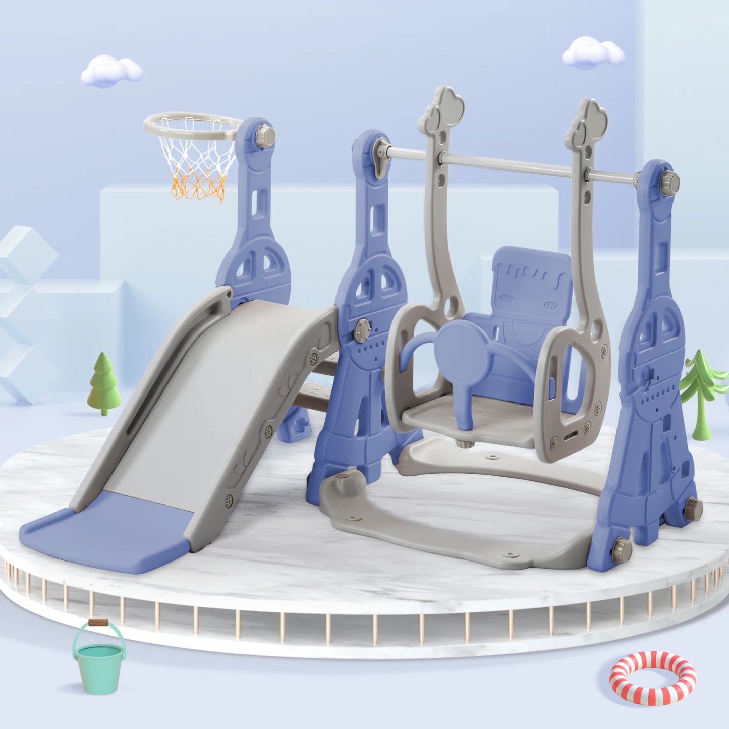 Slide for children, 4 in 1 children's slide swing with basketball stand, climbing ladder, swing slide for indoor and outdoor