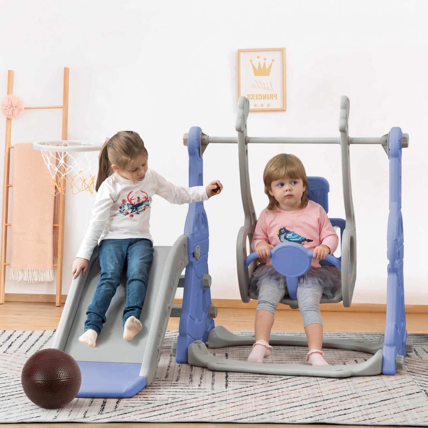 Slide for children, 4 in 1 children's slide swing with basketball stand, climbing ladder, swing slide for indoor and outdoor